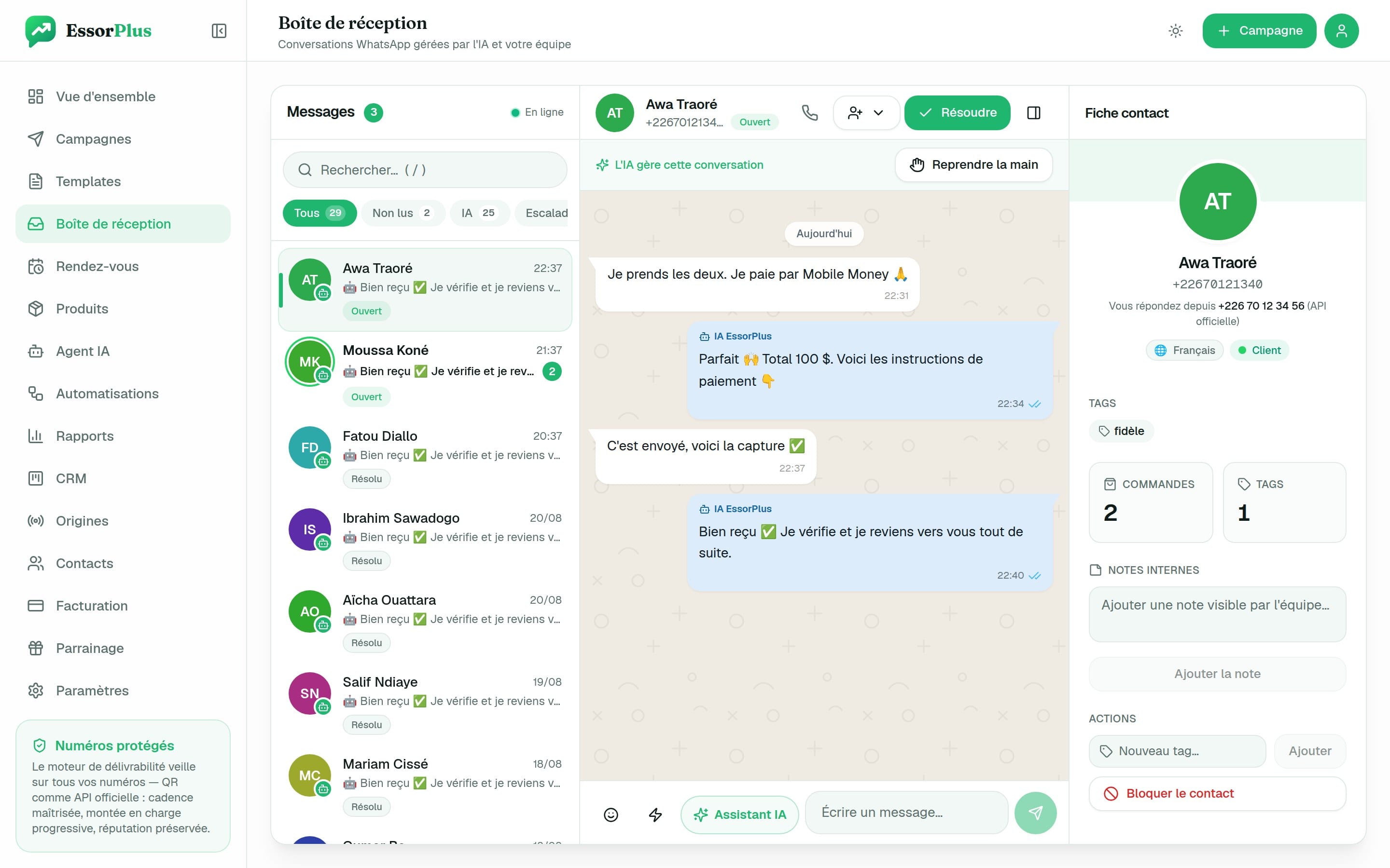 Boîte de réception EssorPlus : conversations IA et équipe, fiche client, reprise de main